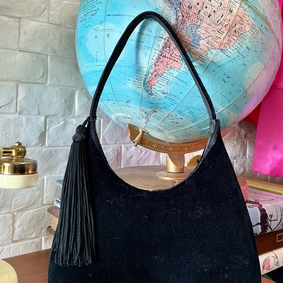 Vintage 90s Y2K Black Suede Hobo Shoulder Bag with Tassel Detail - Picture 5 of 13